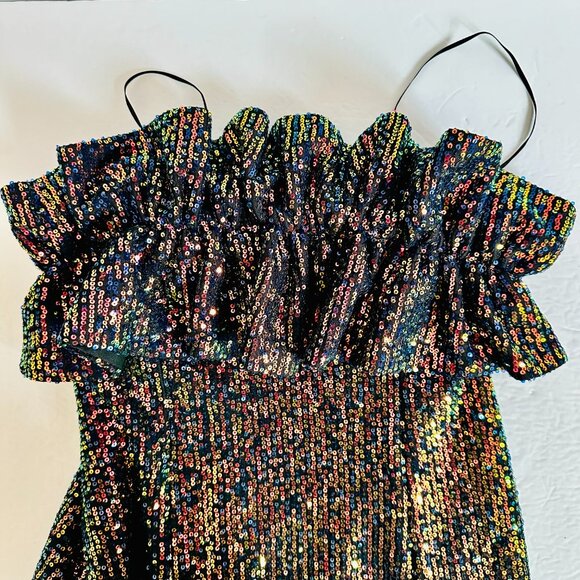 THIRTY / THIRTY IRIDESCENT METALLIC SEQUINS RUFFLE BODICE COCKTAIL DRESS - Picture 3 of 6